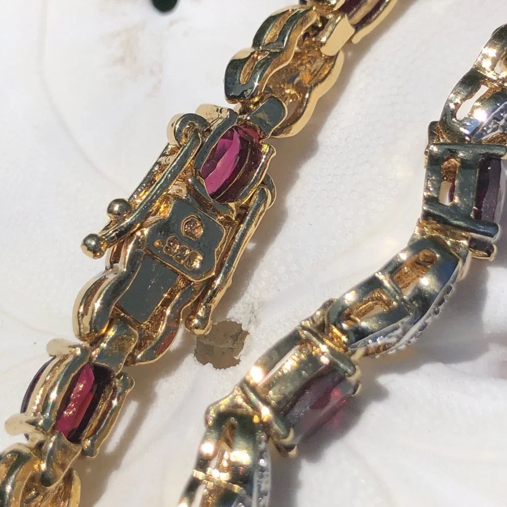 Sterling Natural Garnet Diamond Cut Crossover Vermeil Gold Tennis Bracelet - Picture 5 of 13